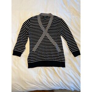 LAUREN RALPH LAUREN Sweater Womens XS Striped Tie V-Neck Cotton Black White